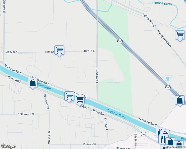 map of restaurants, bars, coffee shops, grocery stores, and more near 5019 80th Avenue Court East in Fife