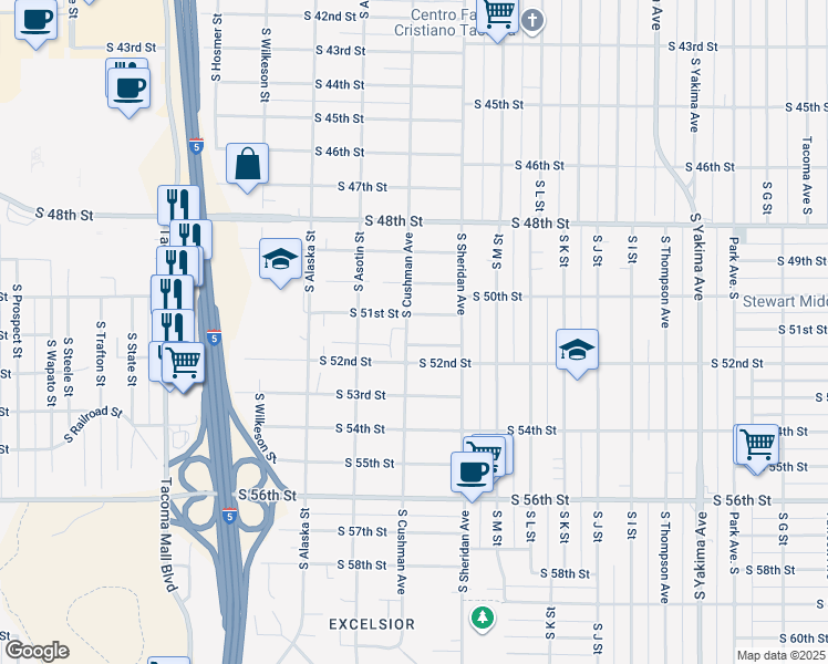 map of restaurants, bars, coffee shops, grocery stores, and more near 5115 South Cushman Avenue in Tacoma