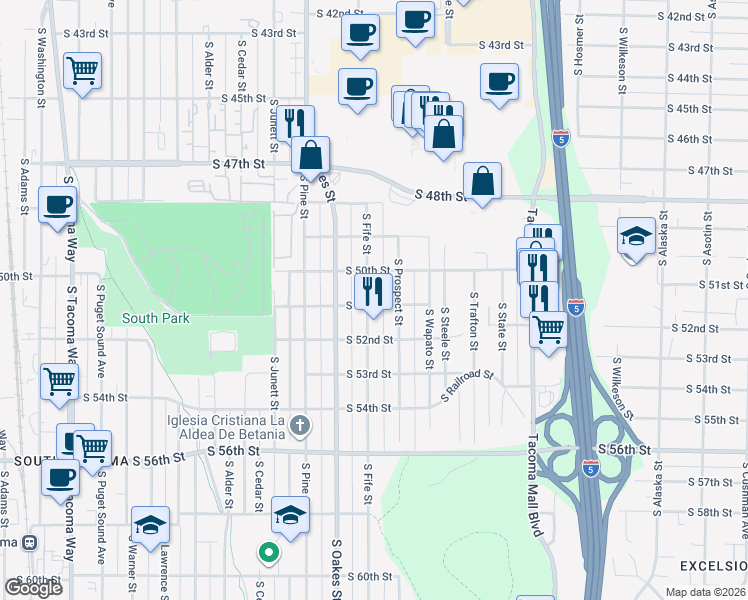 map of restaurants, bars, coffee shops, grocery stores, and more near 5023 South Fife Street in Tacoma