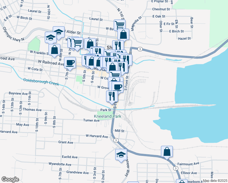 map of restaurants, bars, coffee shops, grocery stores, and more near 305 South 1st Street in Shelton