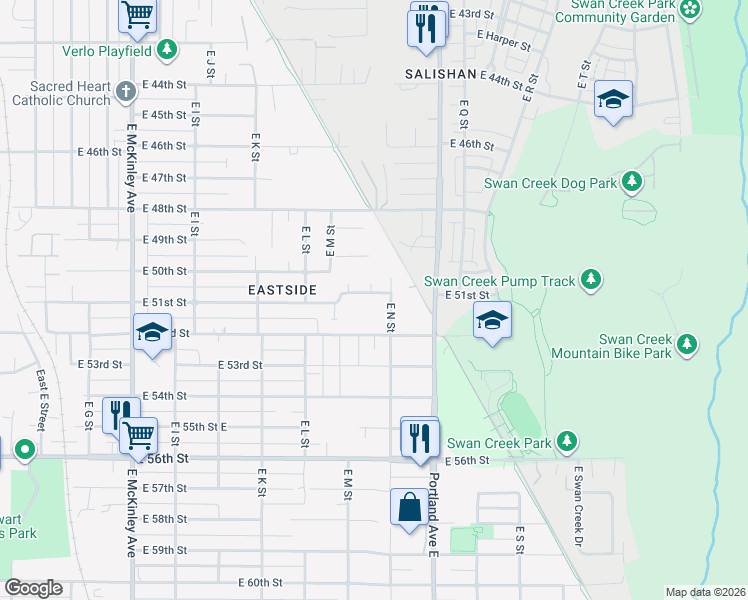 map of restaurants, bars, coffee shops, grocery stores, and more near 1346 East 51st Street in Tacoma