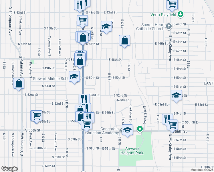 map of restaurants, bars, coffee shops, grocery stores, and more near 5017 East B Street in Tacoma