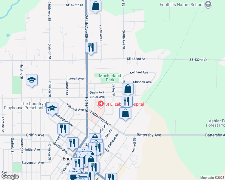 map of restaurants, bars, coffee shops, grocery stores, and more near 1305 Davis Avenue in Enumclaw