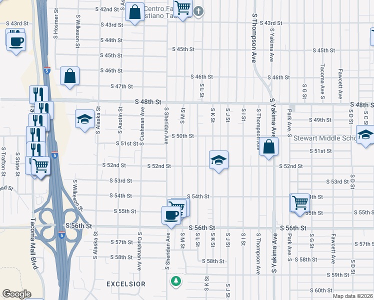 map of restaurants, bars, coffee shops, grocery stores, and more near 5023 South M Street in Tacoma