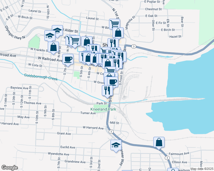map of restaurants, bars, coffee shops, grocery stores, and more near 305 South 1st Street in Shelton