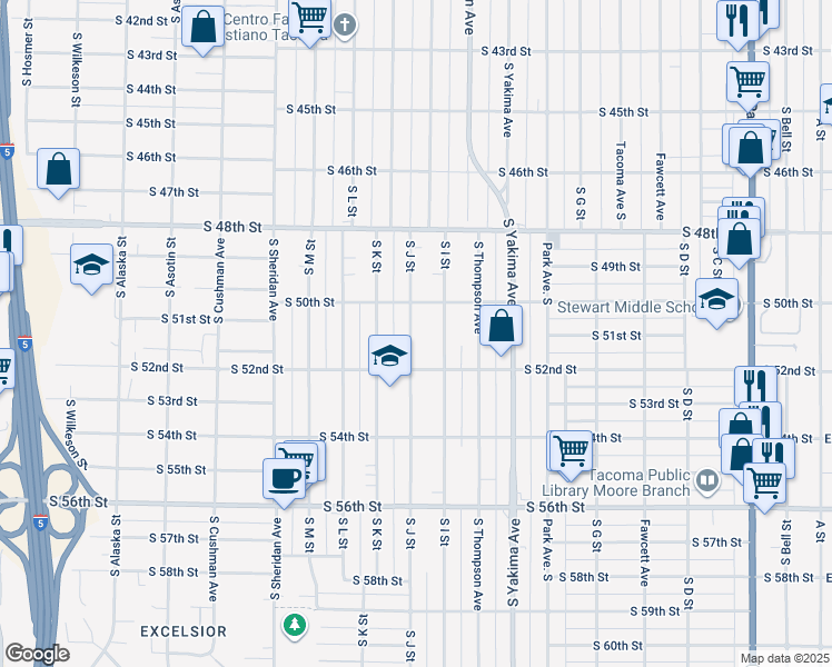 map of restaurants, bars, coffee shops, grocery stores, and more near 5019 South J Street in Tacoma