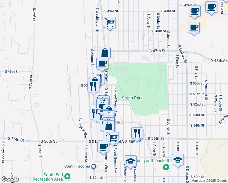 map of restaurants, bars, coffee shops, grocery stores, and more near 5020 South Puget Sound Avenue in Tacoma