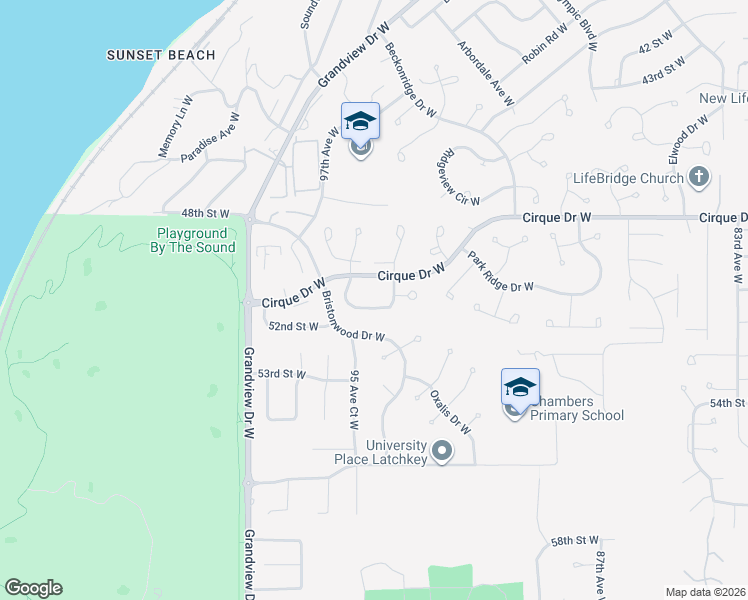 map of restaurants, bars, coffee shops, grocery stores, and more near 9519 51st Street West in Tacoma