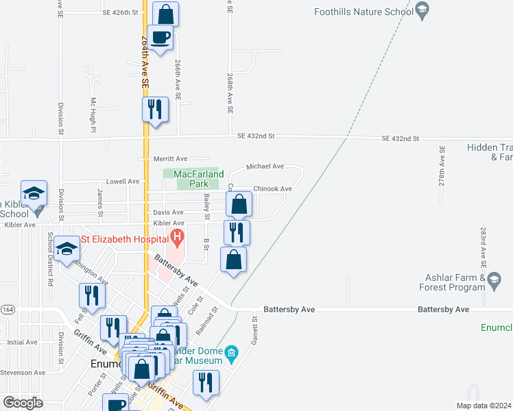 map of restaurants, bars, coffee shops, grocery stores, and more near 320 Chinook Avenue in Enumclaw