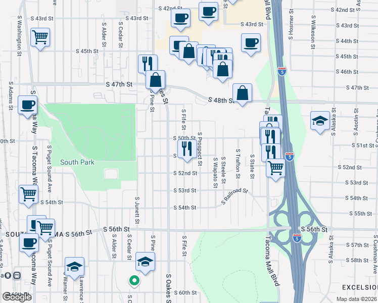map of restaurants, bars, coffee shops, grocery stores, and more near 5023 South Fife Street in Tacoma