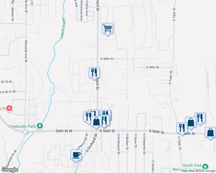 map of restaurants, bars, coffee shops, grocery stores, and more near 5037 South Orchard Street in Tacoma