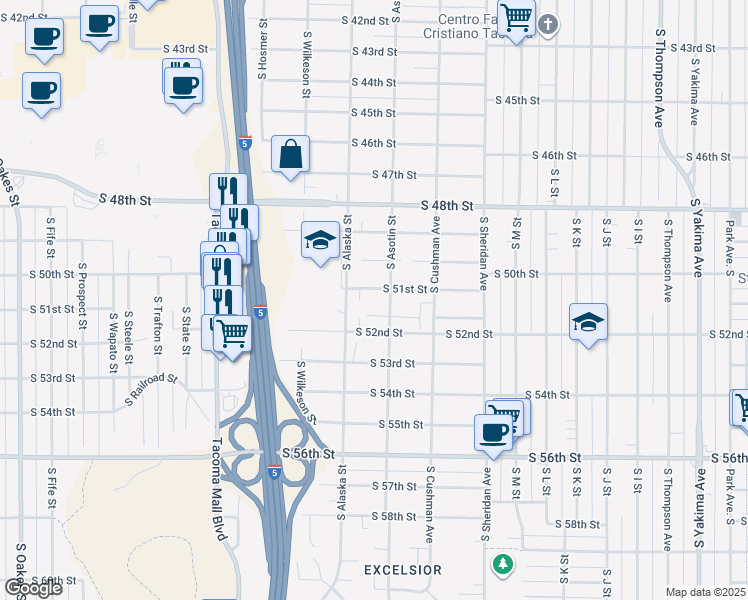 map of restaurants, bars, coffee shops, grocery stores, and more near 1664 South 51st Street in Tacoma