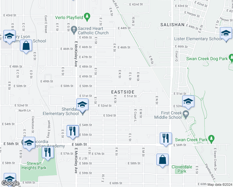 map of restaurants, bars, coffee shops, grocery stores, and more near 1101 East 51st Street in Tacoma
