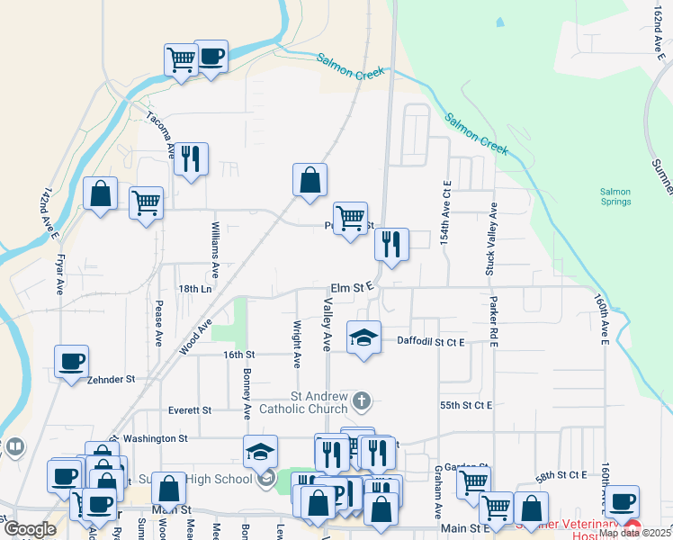 map of restaurants, bars, coffee shops, grocery stores, and more near 15003 Elm Street East in Sumner