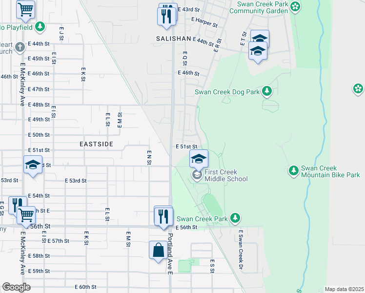 map of restaurants, bars, coffee shops, grocery stores, and more near 1701 East 51st Street in Tacoma