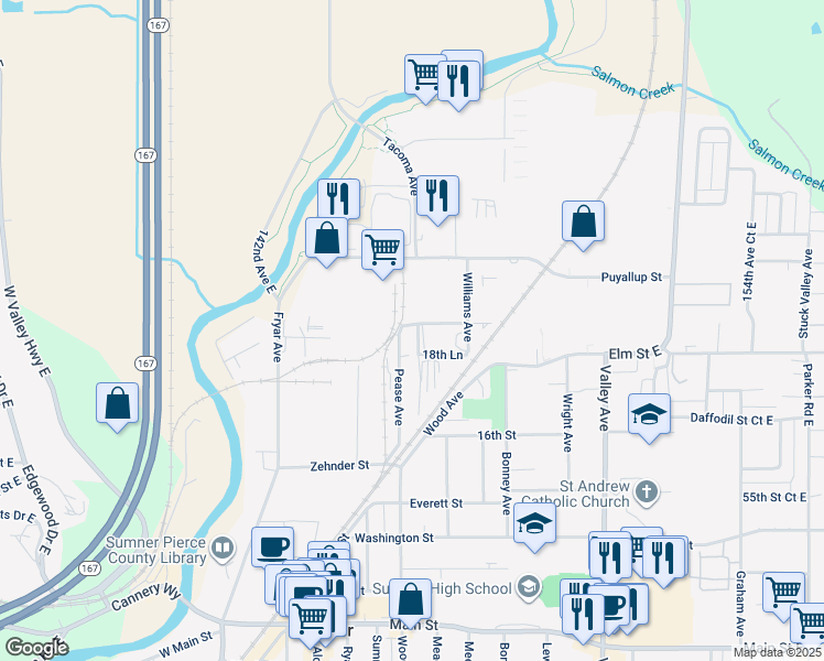 map of restaurants, bars, coffee shops, grocery stores, and more near 1408 Hubbard Street in Sumner