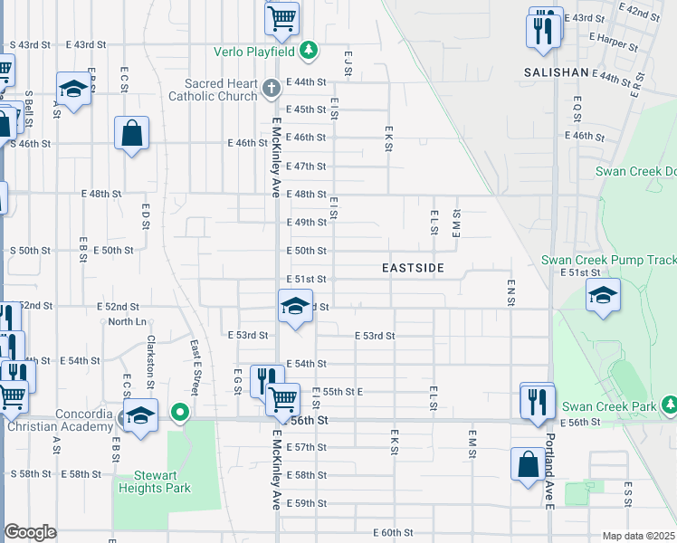 map of restaurants, bars, coffee shops, grocery stores, and more near 901 East 51st Street in Tacoma