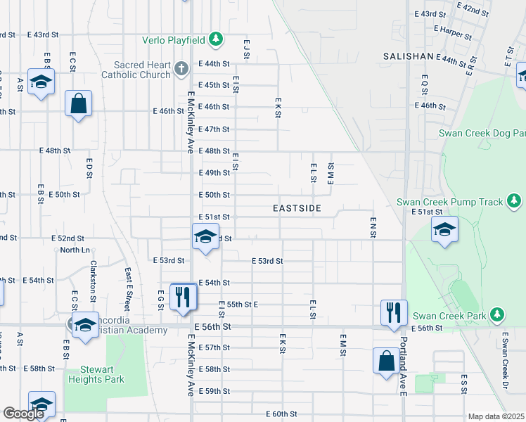 map of restaurants, bars, coffee shops, grocery stores, and more near 931 East 51st Street in Tacoma