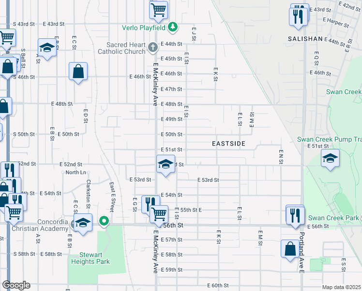 map of restaurants, bars, coffee shops, grocery stores, and more near 901 East 51st Street in Tacoma