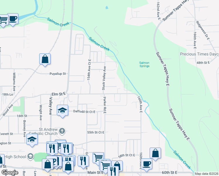 map of restaurants, bars, coffee shops, grocery stores, and more near 5025 Parker Road East in Sumner