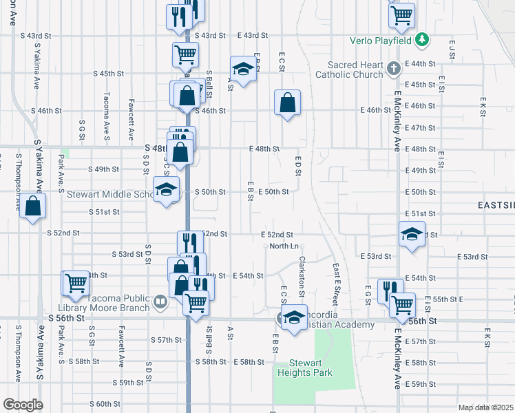 map of restaurants, bars, coffee shops, grocery stores, and more near 5017 East B Street in Tacoma