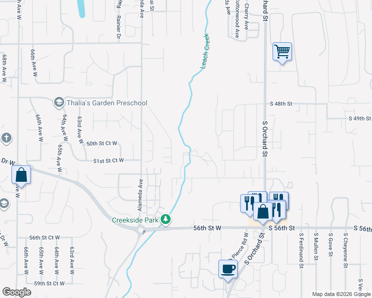 map of restaurants, bars, coffee shops, grocery stores, and more near 5017 57th Avenue Court West in Tacoma