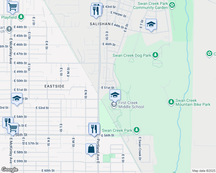 map of restaurants, bars, coffee shops, grocery stores, and more near 1705 East 51st Street in Tacoma