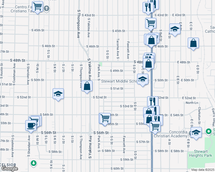 map of restaurants, bars, coffee shops, grocery stores, and more near 711 South 51st Street in Tacoma