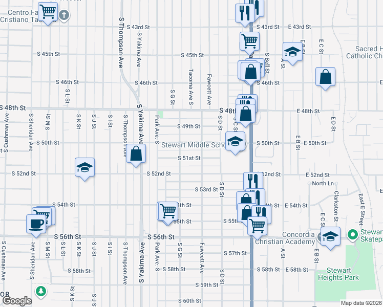 map of restaurants, bars, coffee shops, grocery stores, and more near 515 South 51st Street in Tacoma