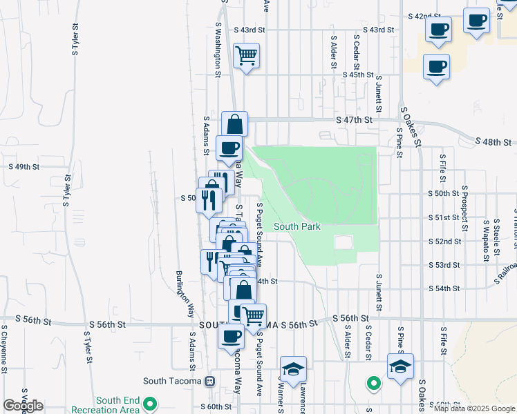 map of restaurants, bars, coffee shops, grocery stores, and more near 5020 South Puget Sound Avenue in Tacoma