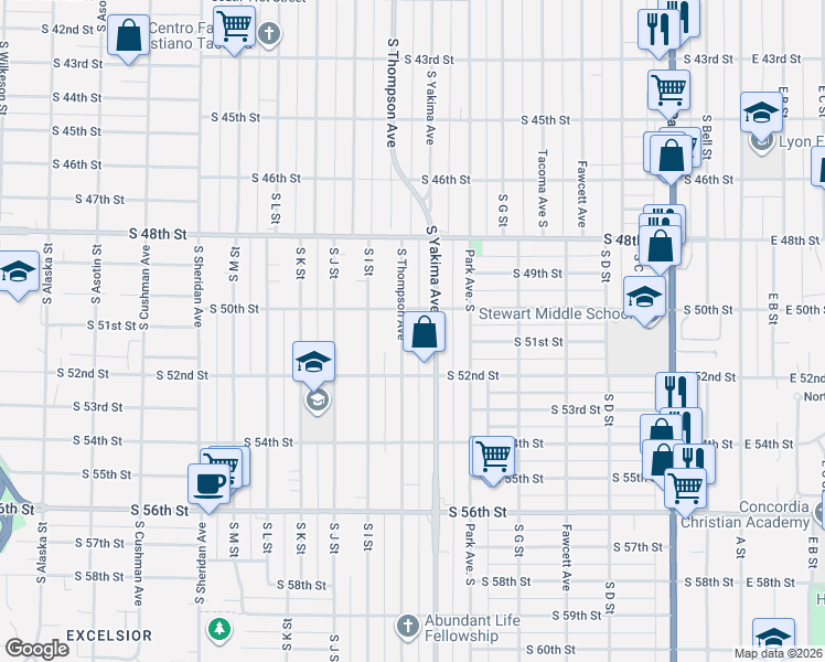 map of restaurants, bars, coffee shops, grocery stores, and more near 5020 South Yakima Avenue in Tacoma