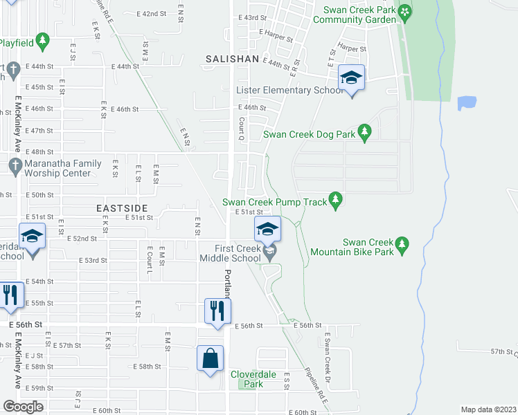 map of restaurants, bars, coffee shops, grocery stores, and more near 1719 East 51st Street in Tacoma