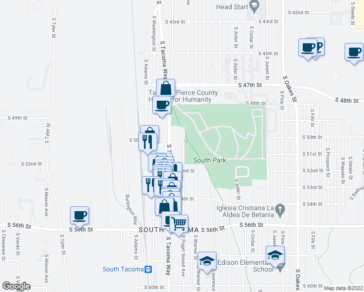 map of restaurants, bars, coffee shops, grocery stores, and more near 5020 South Puget Sound Avenue in Tacoma