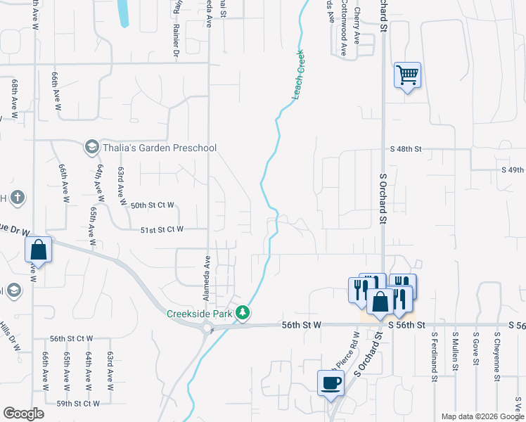 map of restaurants, bars, coffee shops, grocery stores, and more near 5017 57th Avenue Court West in Tacoma