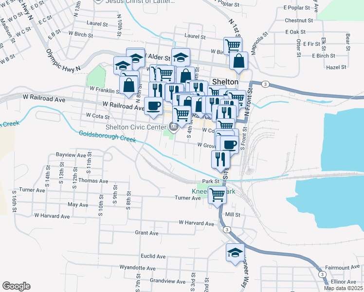 map of restaurants, bars, coffee shops, grocery stores, and more near 411 West Grove Street in Shelton