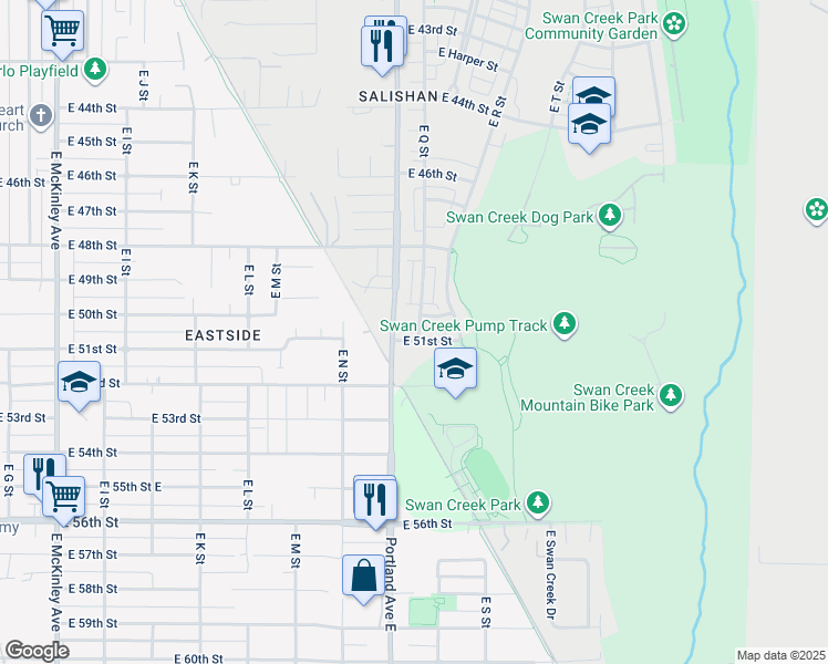 map of restaurants, bars, coffee shops, grocery stores, and more near 5036 East Q Street in Tacoma