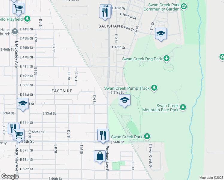 map of restaurants, bars, coffee shops, grocery stores, and more near 5023 East Q Street in Tacoma