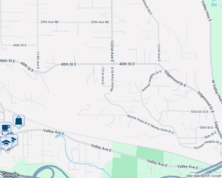 map of restaurants, bars, coffee shops, grocery stores, and more near 5104 Monta Vista Drive East in Edgewood