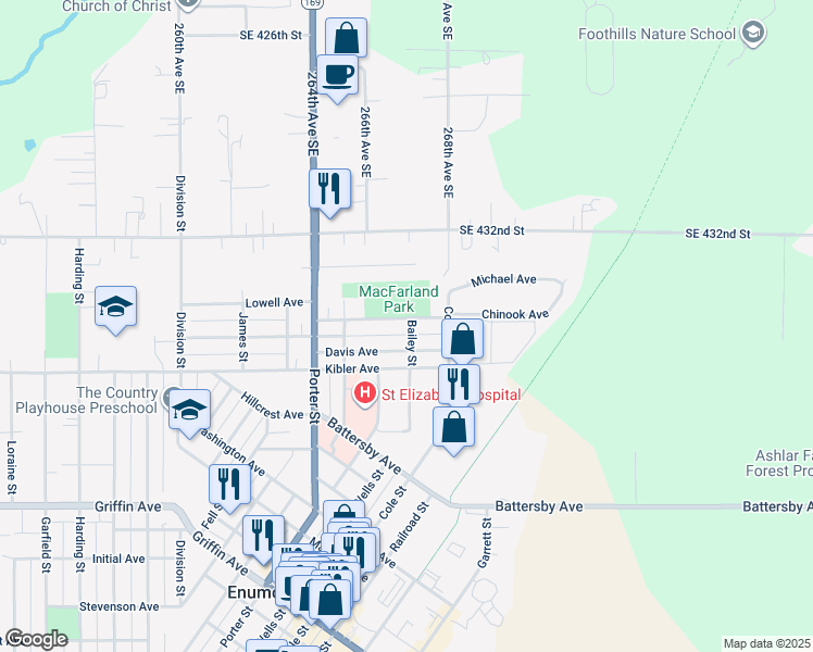 map of restaurants, bars, coffee shops, grocery stores, and more near 1305 Davis Avenue in Enumclaw