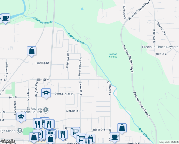 map of restaurants, bars, coffee shops, grocery stores, and more near 15701 Elm Street East in Sumner