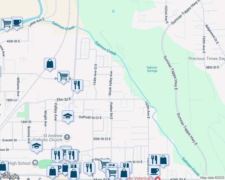 map of restaurants, bars, coffee shops, grocery stores, and more near 5025 Parker Road East in Sumner