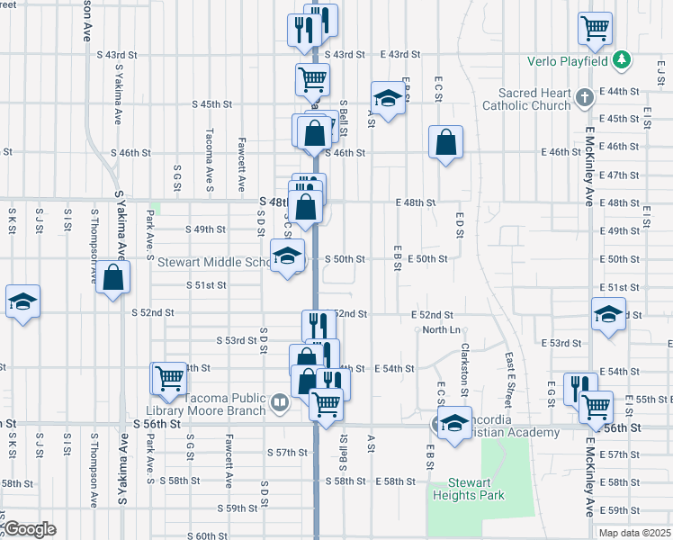 map of restaurants, bars, coffee shops, grocery stores, and more near 5001 Pacific Avenue in Tacoma