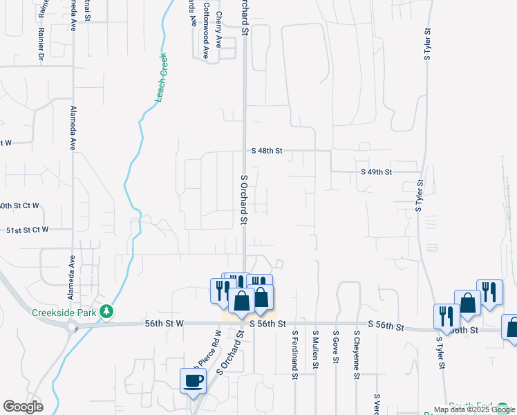 map of restaurants, bars, coffee shops, grocery stores, and more near 5015 South Orchard Street in Tacoma