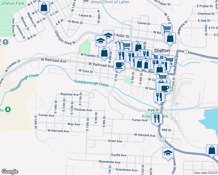 map of restaurants, bars, coffee shops, grocery stores, and more near 303 South 7th Street in Shelton