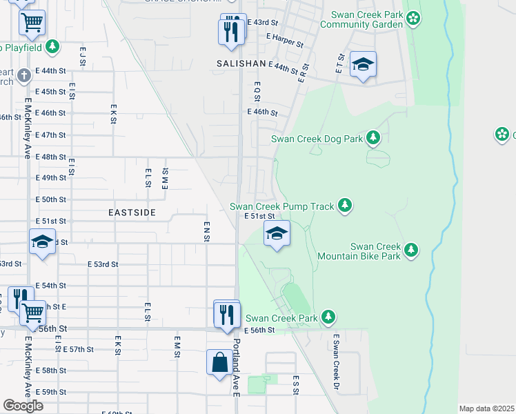 map of restaurants, bars, coffee shops, grocery stores, and more near 1719 East 51st Street in Tacoma