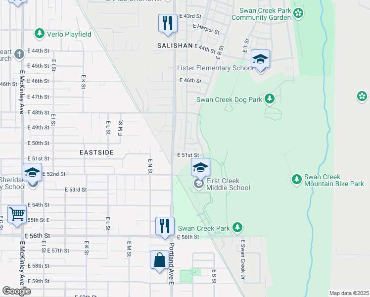map of restaurants, bars, coffee shops, grocery stores, and more near 1703 East 51st Street in Tacoma
