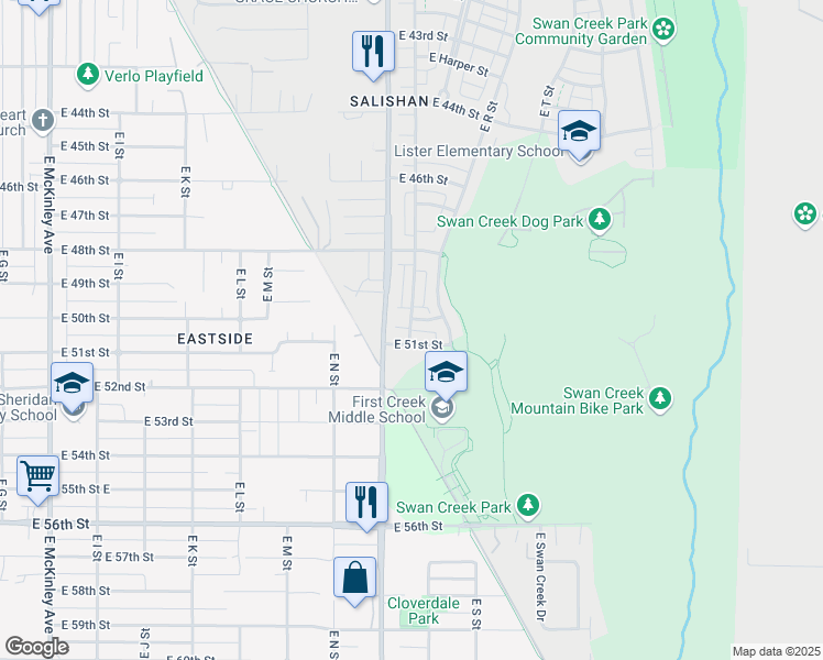map of restaurants, bars, coffee shops, grocery stores, and more near 1701 East 51st Street in Tacoma