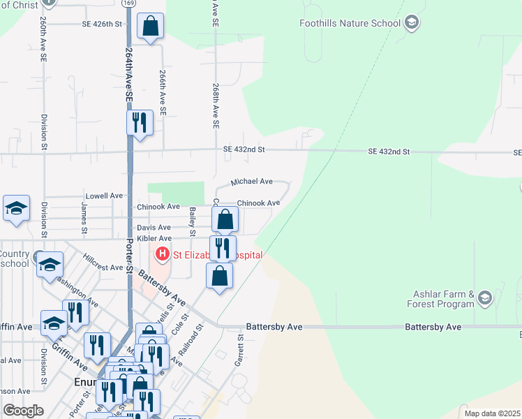 map of restaurants, bars, coffee shops, grocery stores, and more near 320 Chinook Avenue in Enumclaw