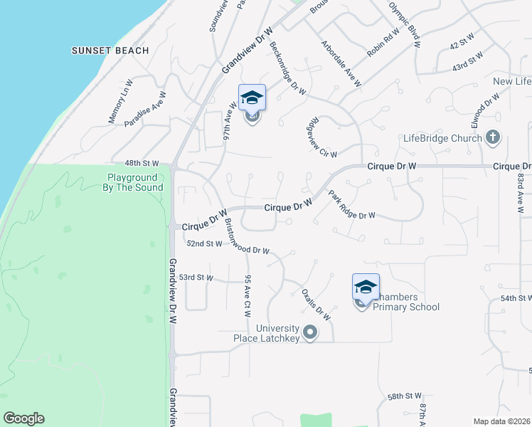 map of restaurants, bars, coffee shops, grocery stores, and more near 9519 51st Street West in Tacoma