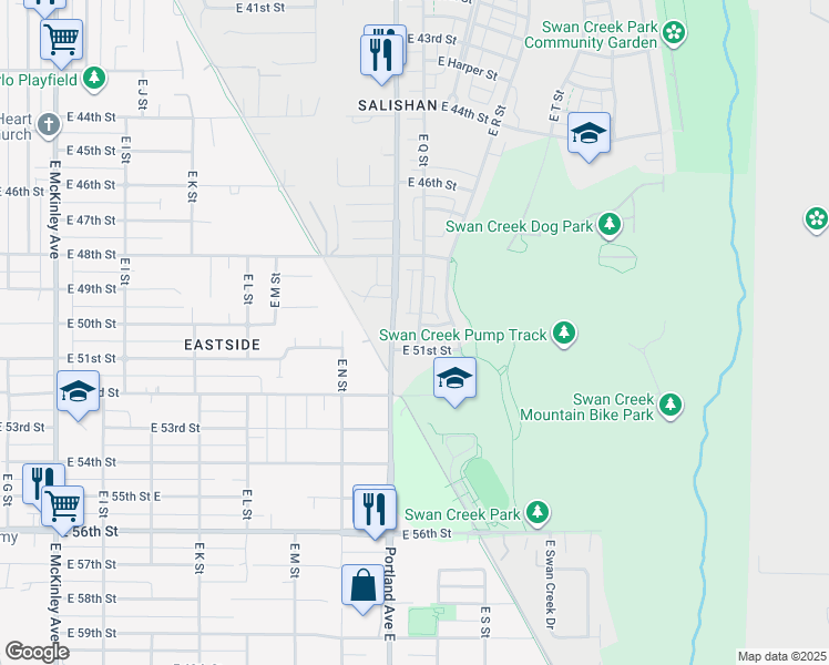 map of restaurants, bars, coffee shops, grocery stores, and more near 5018 East Q Street in Tacoma